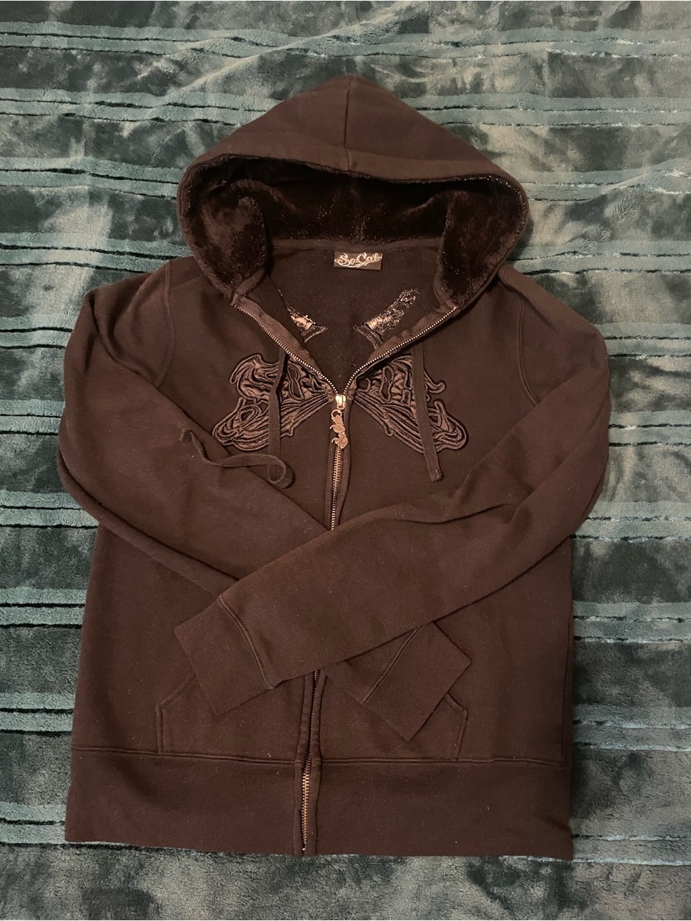 Black Faux-Fur Lined Zip Hoodie with Embroidered Detail